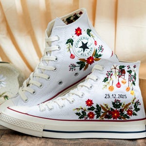 Custom Christmas Embroidered Converse Chuck Taylor High Tops, Converse Embroidery With Christmas & Floral, Personalized Shoes, Holiday Gifts