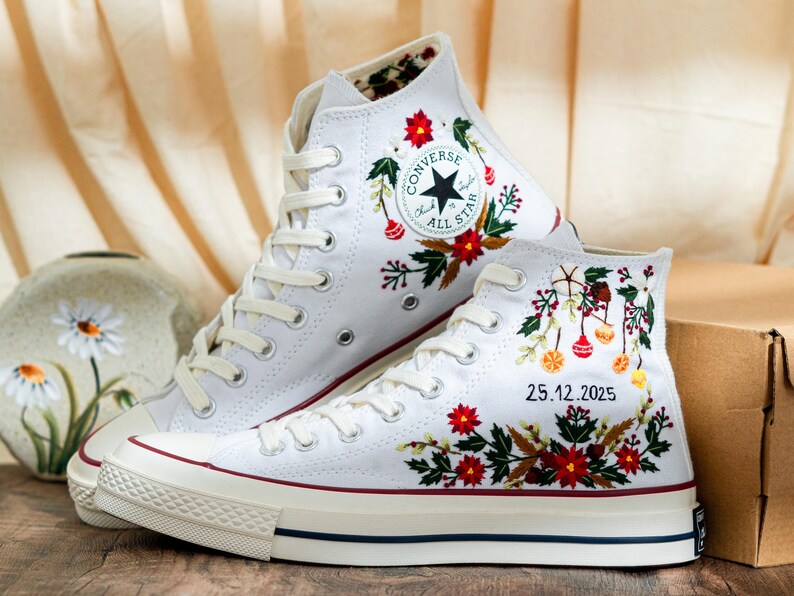 Custom Christmas Embroidered Converse Chuck Taylor High Tops, Converse Embroidery With Christmas & Floral, Personalized Shoes, Holiday Gifts
