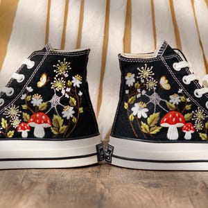Unique Woodland Design Embroidered Converse, Custom Embroidered Sneakers High Top, Mushroom & Floral Embroidery Converse, Nature Lover Gift