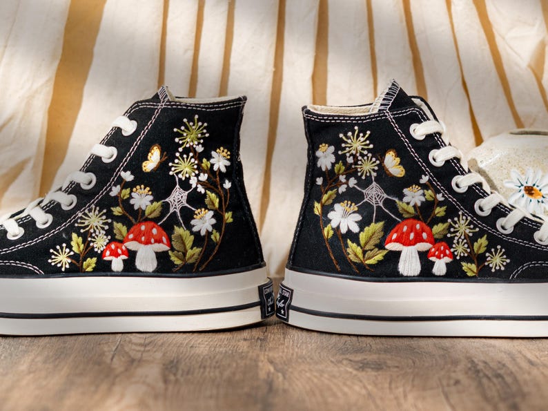 Unique Woodland Design Embroidered Converse, Custom Embroidered Sneakers High Top, Mushroom & Floral Embroidery Converse, Nature Lover Gift