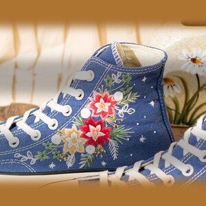 Custom Floral Embroidery Converse For Holiday, Poinsettia Embroidered Converse High Top, Custom Embroidered Sneakers Navy Blue, Women Gift