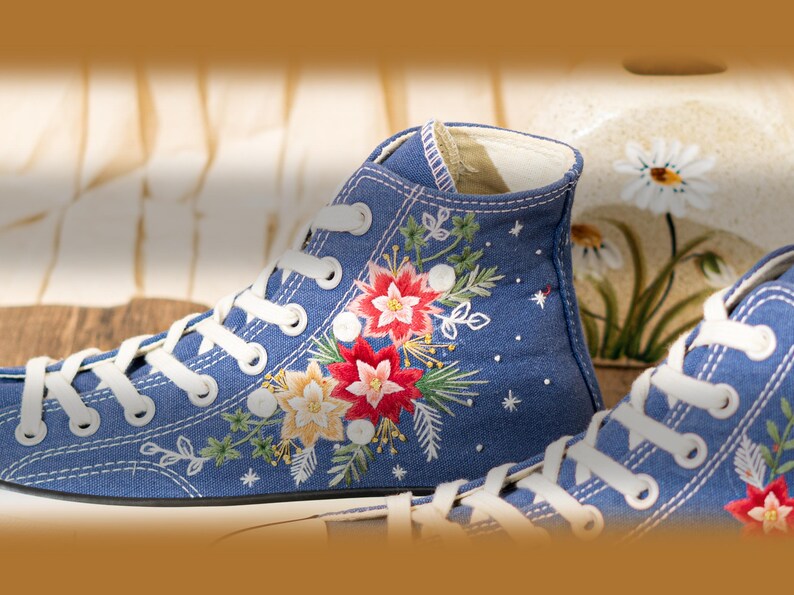 Custom Floral Embroidery Converse For Holiday, Poinsettia Embroidered Converse High Top, Custom Embroidered Sneakers Navy Blue, Women Gift