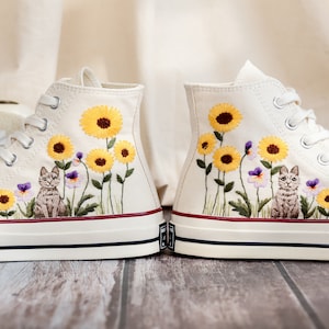 Custom Embroidered Converse High Tops 1970s, Sunflower Embroidered Shoes, Cat and Gardens Sunflower Embroidered Sneakers, Gift for Women