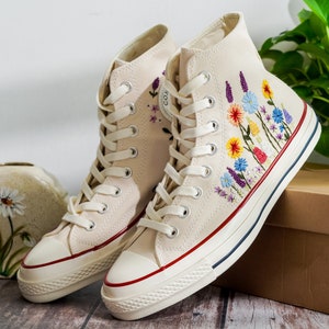 Customized Converse Embroidered Shoes, Converse High Tops 1970s Embroidered Sunflower Garden, Lavender, Converse Shoes Best Gift for Her