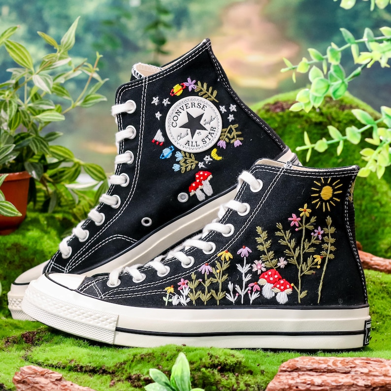 Embroidered Converse,  Custom  Sun, Mushrooms & Wildflowers Embroidery Converse, Sneaker Embroidered Floral, Whimsical Nature-Inspired Shoe