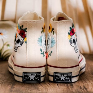 Custom Embroidered Converse High Tops, Custom Shoes Taylor 1970s Flower, Skull Embroidered, Skull Embroidery Converse, Unique Gifts For Her