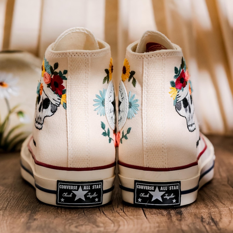 Custom Embroidered Converse High Tops, Custom Shoes Taylor 1970s Flower, Skull Embroidered, Skull Embroidery Converse, Unique Gifts For Her
