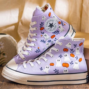 Custom Halloween Embroidered Converse High Top, Purple Converse Embroidery With Ghost & Pumpkin, Unique Embroidered Sneakers, Halloween Gift