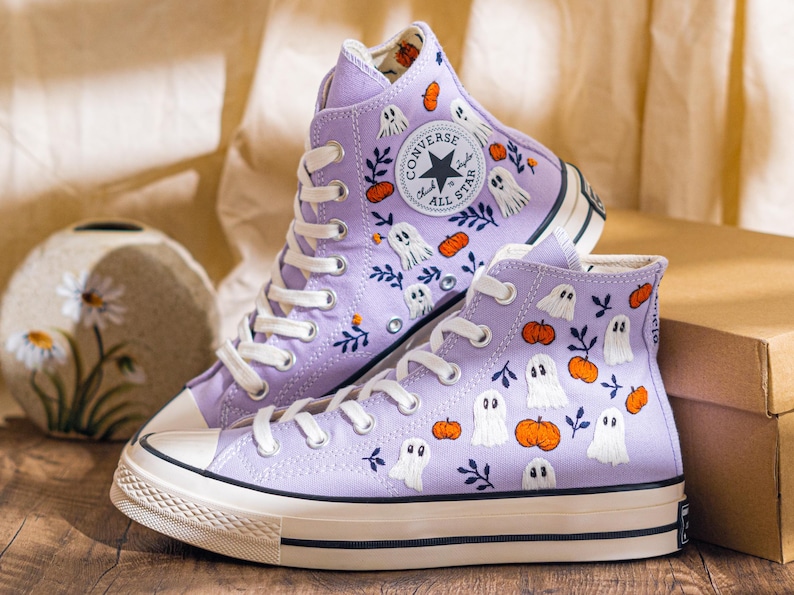 Custom Halloween Embroidered Converse High Top, Purple Converse Embroidery With Ghost & Pumpkin, Unique Embroidered Sneakers, Halloween Gift