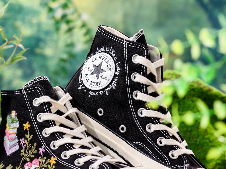 Hand-Embroidered Book & Mushroom Floral Converse,Book Embroidered Converse Shoes, Flower Embroidered Sneaker,Magical Graduation Gift for Her