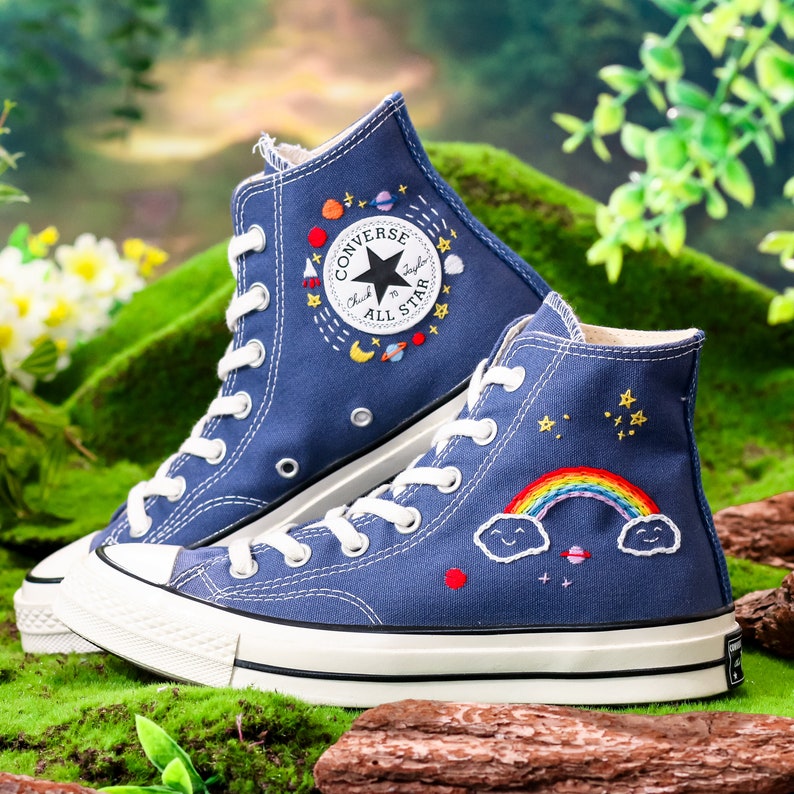 Converse Embroidery Shoes, Rainbow Embroidered Converse High Tops, Sky,  Star Embroidered Shoes,  Rainbow Embroidered Sneakers, Gift for Her