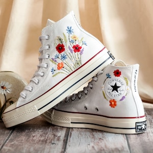 Embroidered Converse High Tops, Shoes Custom Floral Embroidery, Converse Custom Name, Flower Embroidered Sneakers, Gift For Best Friend