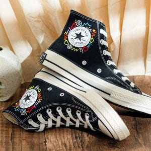 Custom Embroidered Converse Chuck Taylor High Tops 90S Style, Black Converse Embroidery Memphis, Abstract Embroidered Sneakers, Unique Gifts