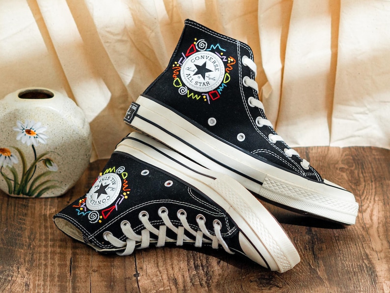 Custom Embroidered Converse Chuck Taylor High Tops 90S Style, Black Converse Embroidery Memphis, Abstract Embroidered Sneakers, Unique Gifts