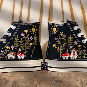 Handcrafted Embroidered Converse High Top, Custom Floral Embroidery Converse, Hedgehog And Mushroom Design Embroidered Sneakers, Unique Gift