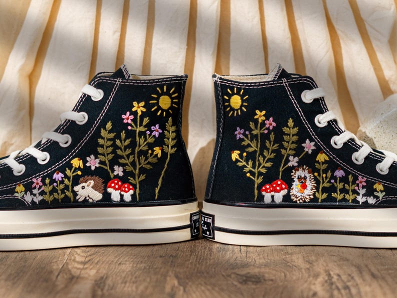Handcrafted Embroidered Converse High Top, Custom Floral Embroidery Converse, Hedgehog And Mushroom Design Embroidered Sneakers, Unique Gift