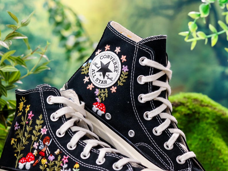 Custom Embroidered Converse High Tops, Angel, Flowers, Mushroom Embroidered Shoes,garden and Flowers Embroidered Sneakers, Gift for Her