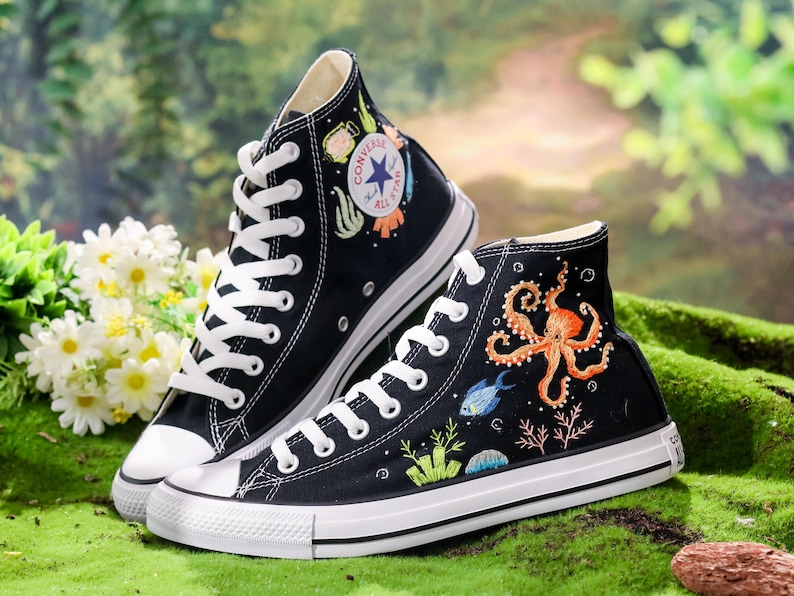 Custom Embroidered Converse, Octopus and Sea Turtle Embroidered Shoes Custom, Ocean and Coral, Fish Embroidered Sneakers Custom, Diver Gifts