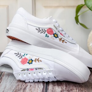 Custom Embroidered Wedding Vans, Couple’s Names Embroidered Vans Shoes, Flower Embroidered Sneaker Custom, Personalized Bridal Sneaker