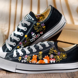 Hand Embroidered Converse Low Top Sneakers, Custom Black Shoes Embroidery Fox And Wildflower, Handmade Nature Art Converse, Unique Gift Idea