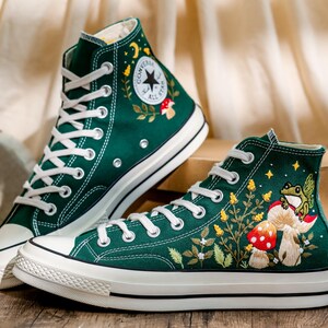 Mushrooms Converse, Fog and Mushrooms Embroidered Converse High Tops Custom, Mushroom Embroidered Sneakers, Flowers Embroidery Shoes Custom
