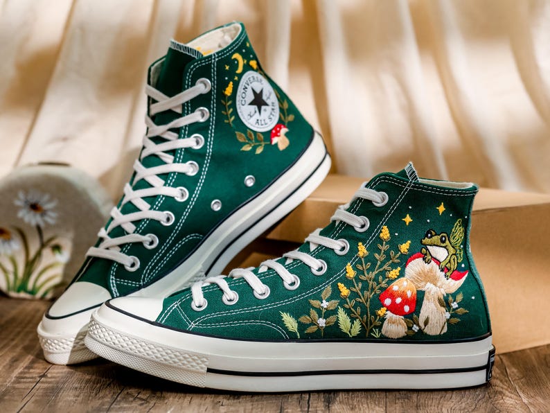 Mushrooms Converse, Fog and Mushrooms Embroidered Converse High Tops Custom, Mushroom Embroidered Sneakers, Flowers Embroidery Shoes Custom