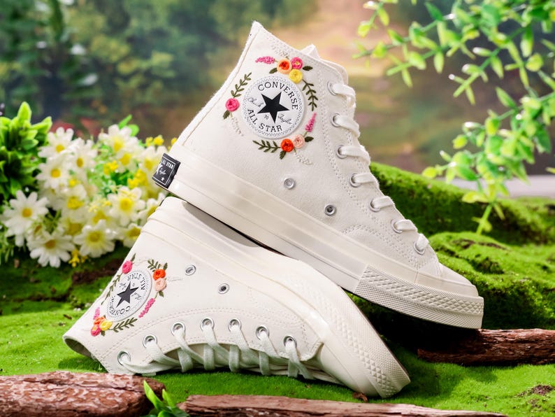 Embroidered Wedding Converse Shoes, Bridal Floral Embroidery Converse, Wedding Flowers Embroidered Sneakers, Personalized Bridal Sneaker