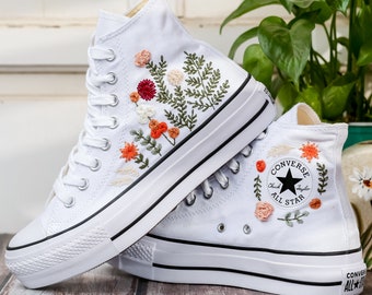 Flatform Converse Wedding, Flowers and Fern leaves Embroidered Sneaker for Bride, FLowers Embroidered Sneakers, Bridal Sneakers Personalized