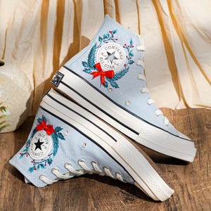 Reindeer & Christmas Flowers Embroidered Converse Shoes, Reindeer  Embroidery Shoes, Winter Holiday Shoes, Merry Christmas Gift for Her