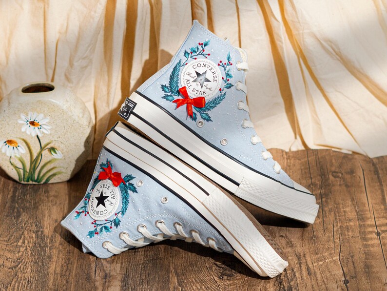 Reindeer & Christmas Flowers Embroidered Converse Shoes, Reindeer  Embroidery Shoes, Winter Holiday Shoes, Merry Christmas Gift for Her