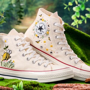 Custom Floral Converse, Bees, Sunflowers Embroidery Converse, Flower and Bee Embroidered Shoes, Unique Custom Floral Sneakers, Gift For Her