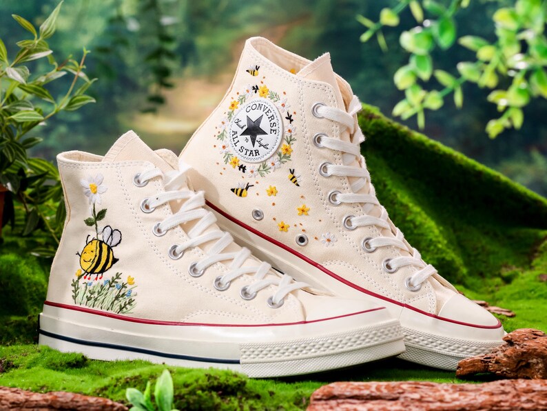 Custom Floral Converse, Bees, Sunflowers Embroidery Converse, Flower and Bee Embroidered Shoes, Unique Custom Floral Sneakers, Gift For Her