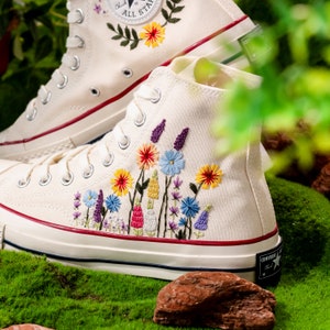 Customized Converse Embroidered Shoes, Converse High Tops 1970s Embroidered Sunflower Garden, Lavender, Converse Shoes Best Gift for Her