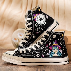 Frog Witch Embroidered Sneakers, Gothic Spooky Cute Converse Halloween Aesthetic