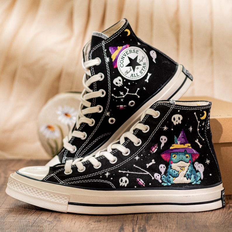 Frog Witch Embroidered Sneakers, Gothic Spooky Cute Converse Halloween Aesthetic