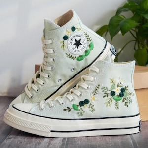 Custom Embroidered Converse Chuck Taylor, Green Flowers Embroidery Convese Shoes, Flower Wedding Embroidered Shoes, Gift for Her