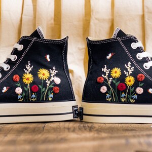 Custom Embroidered Converse Chuck Taylor High Top, Black Converse Embroidery Wildflower & Butterfly, Floral Embroidered Sneakers, Women Gift