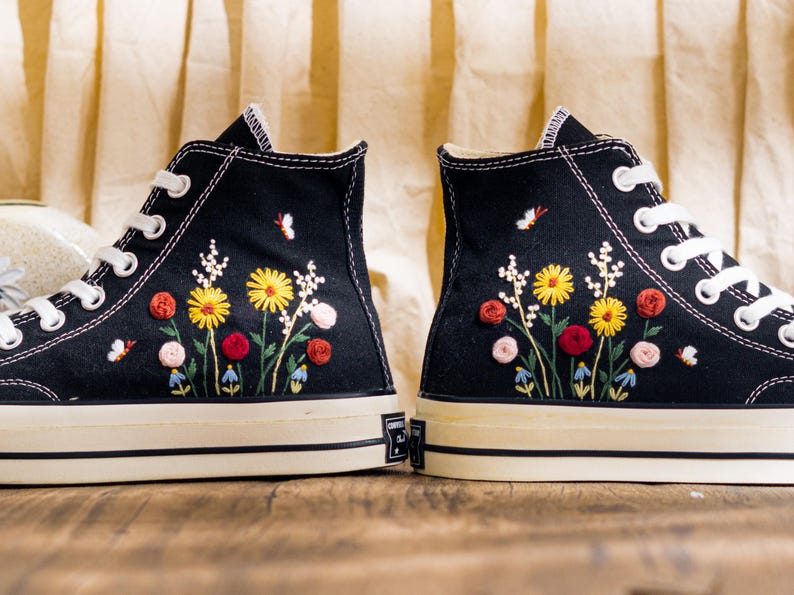 Custom Embroidered Converse Chuck Taylor High Top, Black Converse Embroidery Wildflower & Butterfly, Floral Embroidered Sneakers, Women Gift