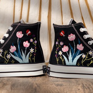 Handmade Converse Embroidery Floral, Custom Embroidered Converse High Top, Black Canvas Shoes Embroidery Tulip And Butterfly, Romantic Gift