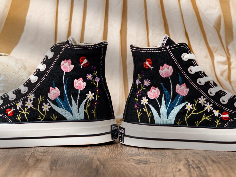 Handmade Converse Embroidery Floral, Custom Embroidered Converse High Top, Black Canvas Shoes Embroidery Tulip And Butterfly, Romantic Gift