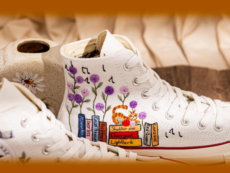 Embroidered Converse Book Lover, Flower & 1989 Embroidered Sneaker, Cat Embroidery Shoes, Handmade Gifts