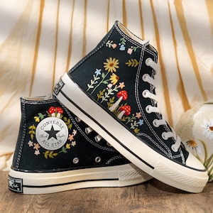 Vintage Embroidered Converse High Top, Handmade Floral & Mushroom Embroidery Converse Shoes, Custom Embroidered Sneakers Black, Fashion Gift