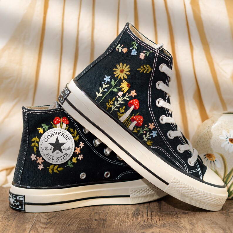 Vintage Embroidered Converse High Top, Handmade Floral & Mushroom Embroidery Converse Shoes, Custom Embroidered Sneakers Black, Fashion Gift