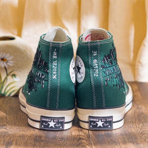 Unique Embroidered Converse High Tops, Green Sneakers Embroidered With Village Guard Motif And Dandelion Art, Unique Custom Shoes, Gift Idea