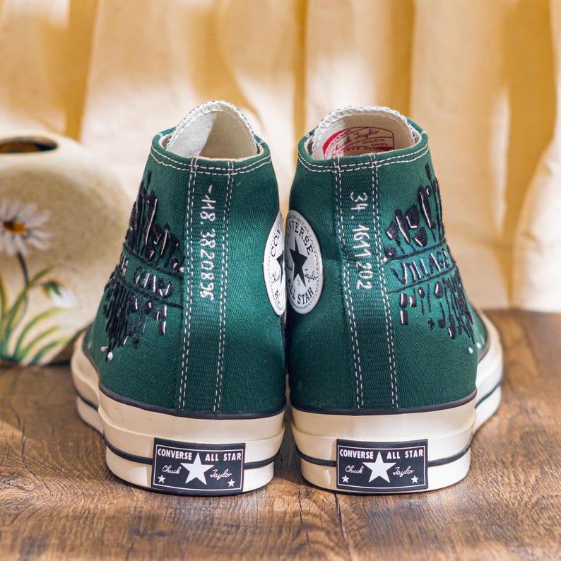 Unique Embroidered Converse High Tops, Green Sneakers Embroidered With Village Guard Motif And Dandelion Art, Unique Custom Shoes, Gift Idea