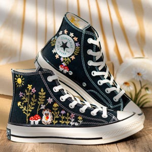 Handcrafted Embroidered Converse High Top, Custom Floral Embroidery Converse, Hedgehog And Mushroom Design Embroidered Sneakers, Unique Gift