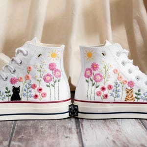 Cat Embroidered Converse, Flower Cat Embroidered Converse, Embroidered Converse Custom Pet, Cat Embroidered Sneakers, Birthday Gift