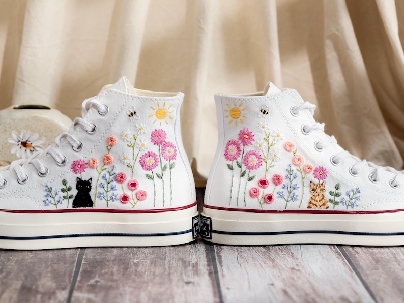 Cat Embroidered Converse, Flower Cat Embroidered Converse, Embroidered Converse Custom Pet, Cat Embroidered Sneakers, Birthday Gift