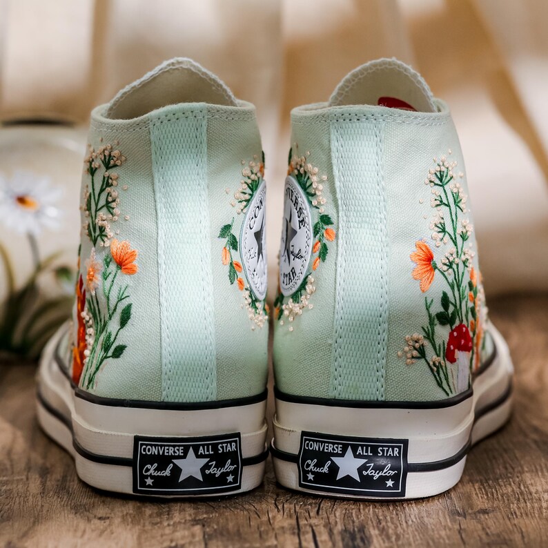 Embroidered Converse Summit Sage, Graden Floral and Fox Embroidered Shoes, Mushroom, Red Fox Embroidered Sneakers, Converse Embroidery Fox