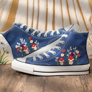 Mushroom Embroidered Converse High Top, Denim Canvas Shoes Embroidery Floral, Custom Sneakers Embroidered, Unique Women Shoes, Birthday Gift